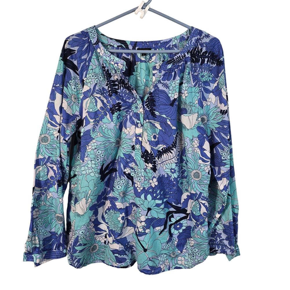 Talbots Band Collar Popover Blouse Women's L Jungle Garden Career Summer Casual